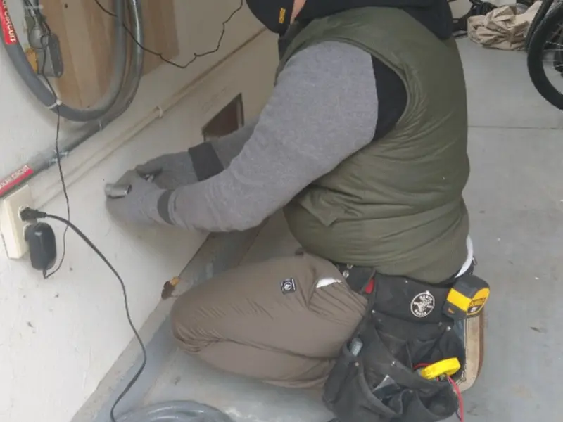 Electrician performing outlet wiring in a Dumbarton garage
